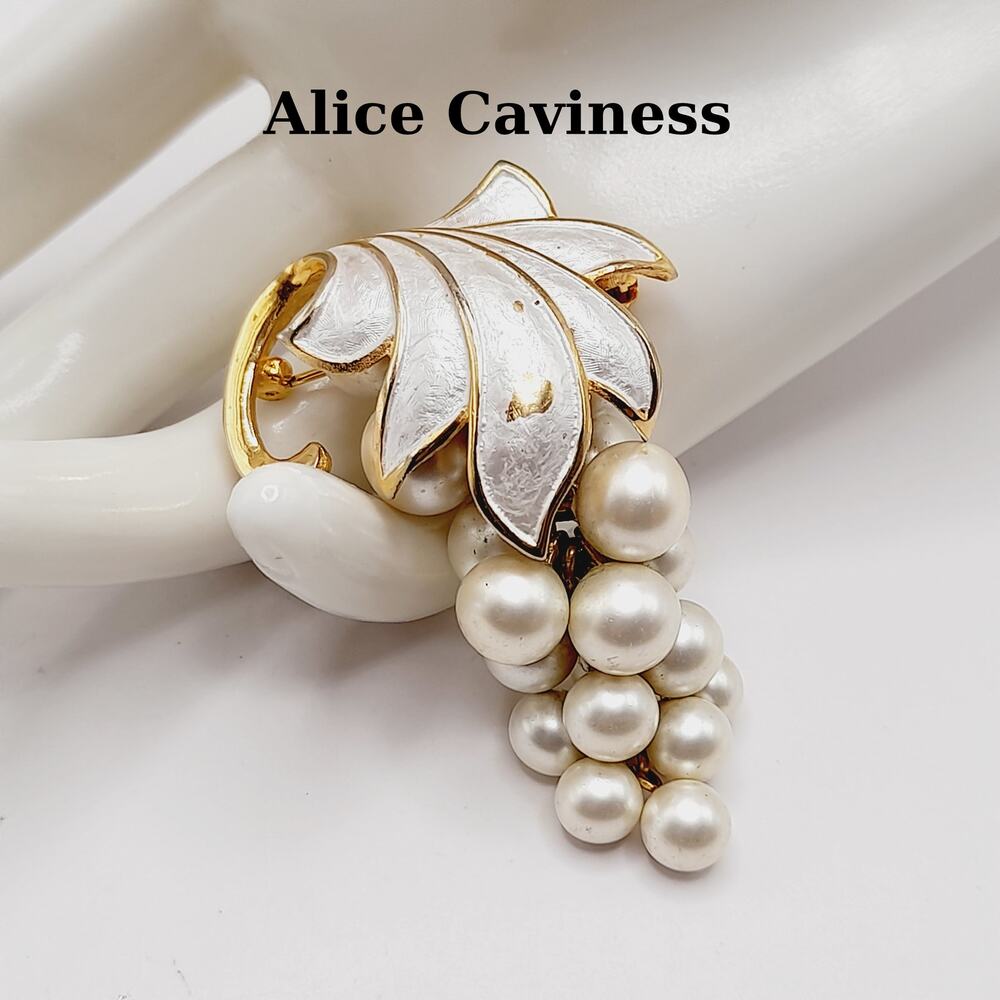 Vintage Alice Caviness Grape Cluster Brooch, White Enamel Leaf, Faux Pearls